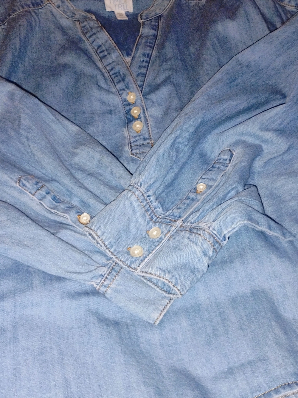 Time and Tru Light Blue Denim Pearl-Button Tunic